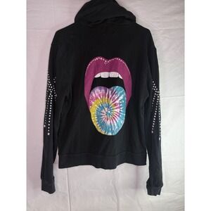 Lauren Moshi Black Zip Up Hoodie Tie Dye Tongue Lips Stars